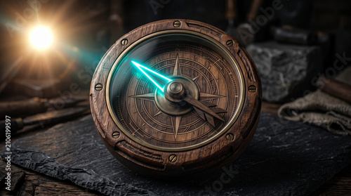 Close up of old wooden compass with bright blue glowing needle in dark setting.