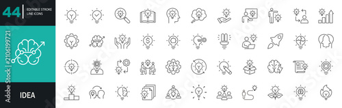 Idea icon set, creative ideas, brainstorming, solutions, thinking, and more. Editable line icons. Vector illustration. 