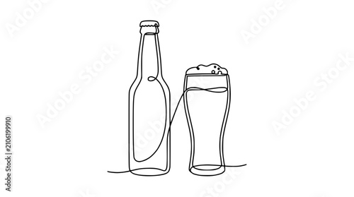 Continuous line drawing of beer bottle and glass with foam, minimalist art, isolated on white background.