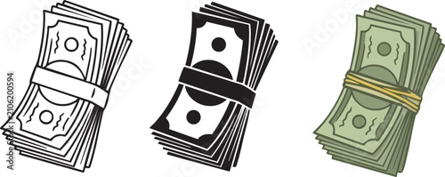 Stacks Of Currency Bills, Vector Illustration With Monochrome And Color Variations