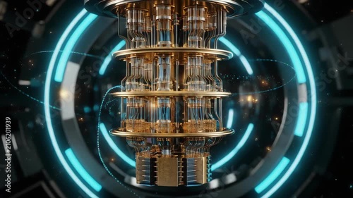 Close-up of a quantum computer processor with glowing orbital paths