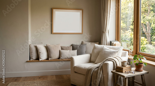 Cozy Reading Nook: A comfortable armchair and plush cushions create a welcoming reading nook beside a large window, offering a serene view of greenery and inviting relaxation.