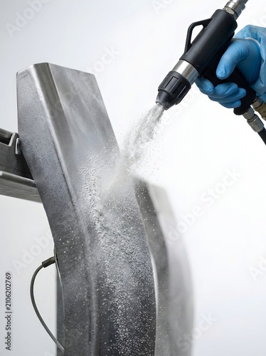 Electrostatic Powder Coating Spray on Automotive Metal Panel, Industrial Surface Finishing Process Close-Up