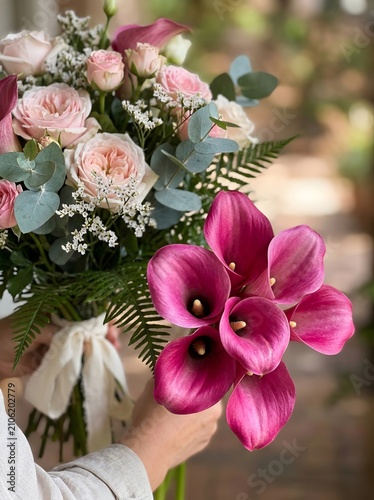 Close-Up Bridal Bouquet with Pink Calla Lilies, Blush Garden Roses and Eucalyptus, Romantic Wedding Florals Detail