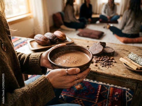Cacao Ceremony Circle at Wellness Retreat, Hands Holding Ceremonial Chocolate Bowl with Group Meditation Gathering in Background
