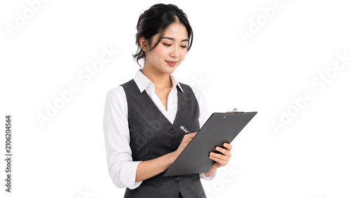 Professional Asian Businesswoman Writing on Clipboard Isolated on Transparent Background