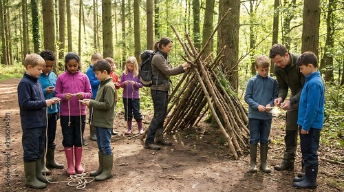 Group building stick shelter in forest.