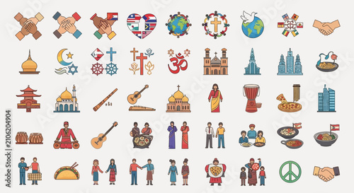 Photos Icons representing diverse cultures and religious symbols are organized in a clean grid layout