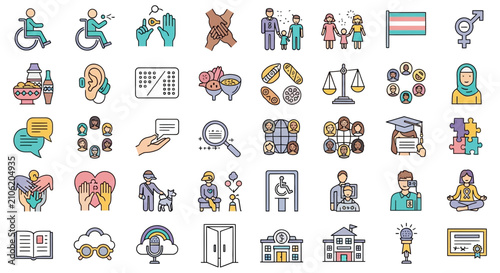 Fotografie Pictograms depicting accessibility, community support, and educational milestones are displayed in a clean grid layout
