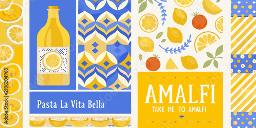 Photography illustration of pasta bottle lemons and patterns in vibrant colors food ingredie