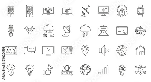 Obraz na plátne Technology icons featuring line art style depict digital connectivity, communication devices, and network infrastructure