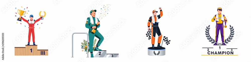 Obraz premium Set of racing drivers celebrating on the podium after winning a competition, flat vector illustration style.