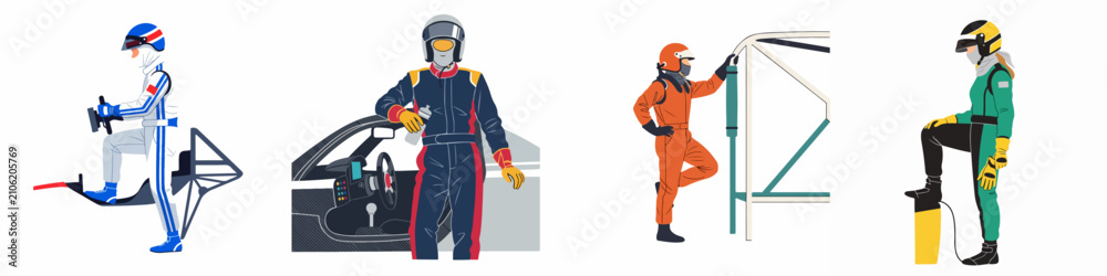 Obraz premium Set of flat vector illustrations featuring race car drivers in professional gear and helmets, posing with racing equipment on a white background.