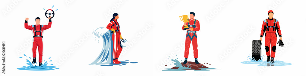 Obraz premium Flat vector illustrations of professional race car drivers in red suits with water splashes, celebrating victory with a trophy and steering wheel.