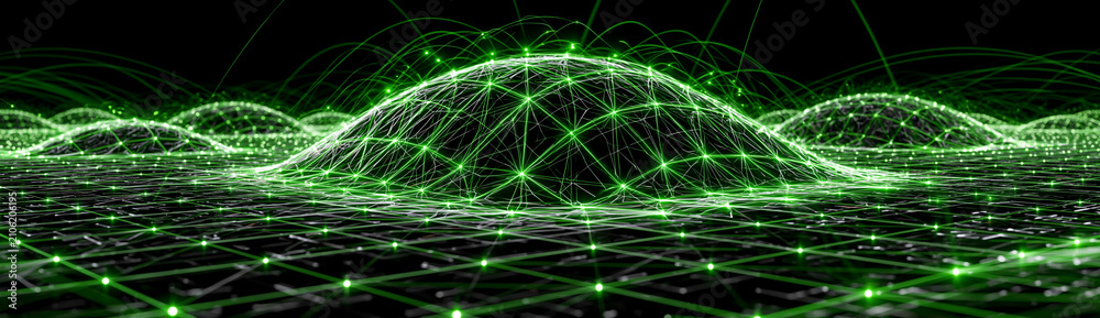 Fototapeta premium A futuristic network grid with secure connections highlighted in green, set against a dark, minimalistic background. The image is designed with plenty of copy space for text or visual elements.