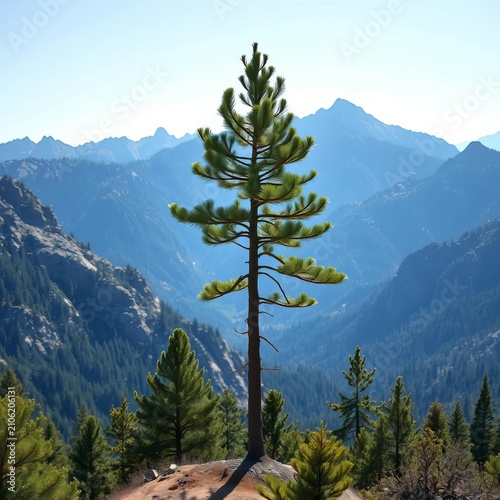Lone pine tree stands tall overlooking rugged mountain landscape, pine, solitude