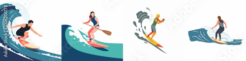 Photography Set of four vector illustrations showing diverse people surfing and paddleboarding on ocean waves in a flat design style