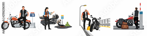 Tableau sur toile Collection of four illustrations depicting various motorcycle riders on road trips, featuring diverse characters, different cruiser models, and travel-related accessories