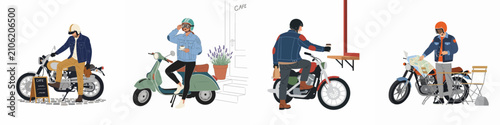 Bild auf Leinwand Flat vector illustration set of stylish men and women with vintage motorcycles and scooters taking a coffee break during an urban road trip