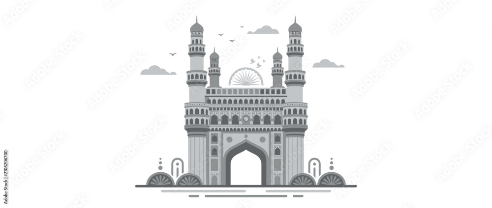 Obraz premium Monochromatic Islamic Monument Archway with Minarets and Clouds