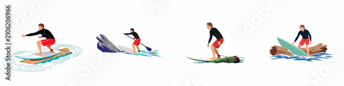 Photography Vector illustration set of men surfing and paddleboarding on logs and surfboards in the ocean, isolated on white background