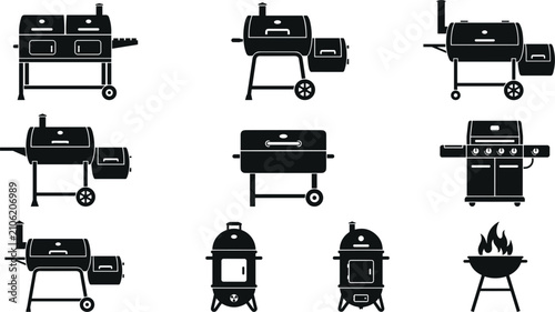 Cuadro en lienzo BBQ grill silhouette vector icon set barbecue smoker outdoor cooking equipment collection design project