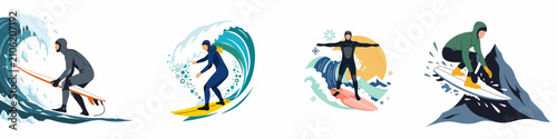 Photography Vector illustrations of winter surfing featuring male and female surfers in wetsuits riding icy waves and snowy ocean landscapes