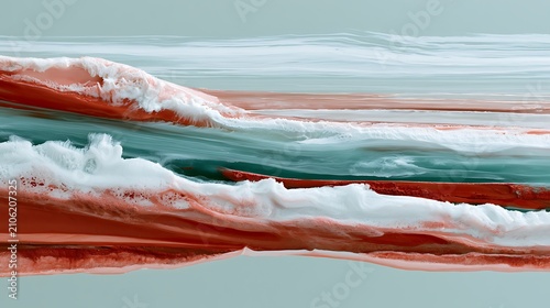 Abstract Ocean Waves with Red and White Surf and Calm Background Sky