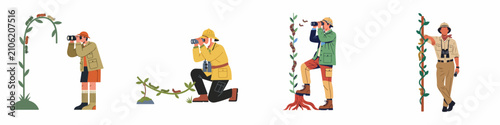 Schilderij op canvas Set of vector illustrations depicting entomologists and explorers observing caterpillars on plants using binoculars, highlighting nature research and wildlife exploration