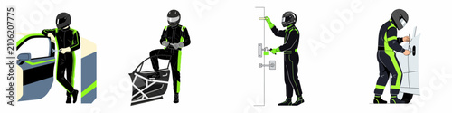 Konstfotografi Set of four vector illustrations showing a person in racing gear engaging in locksmith activities, car door maintenance, and security-related tasks