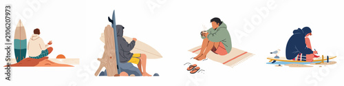 Tableau sur toile Flat illustration set of relaxed surfers sitting on the beach, enjoying the sunset, drinking coffee, and contemplating by the ocean