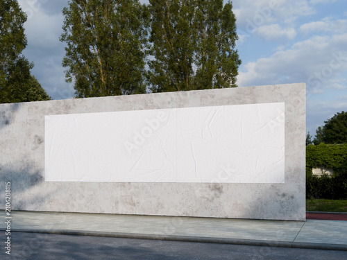 Blank white glued poster signage on concrete wall outdoor mockup