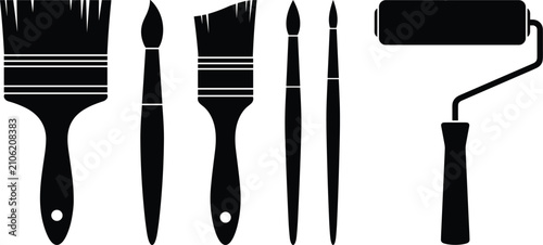 Paint brush and roller silhouette vector set artist painting tools collection renovation design project.eps