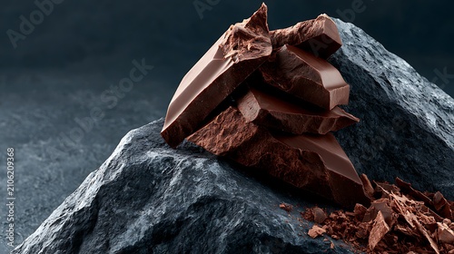 Close-up of layered chocolate bar resting on a dark natural stone surface