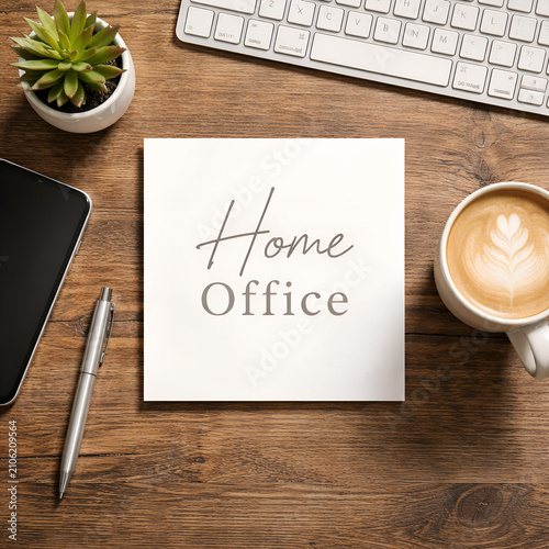 Home office sign on wooden desk. Flat lay workspace with coffee and stationery supplies.