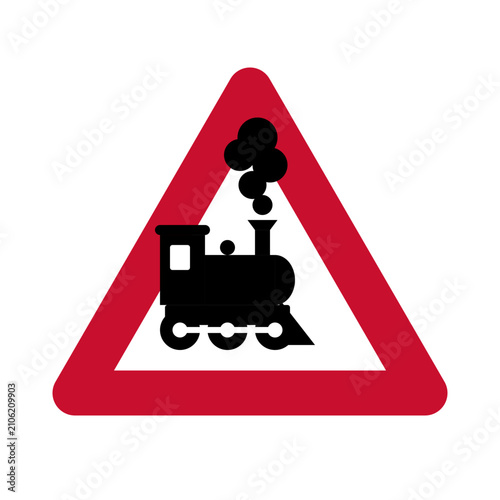 Official railway crossing warning sign with a train symbol inside a red triangle, isolated on a white background