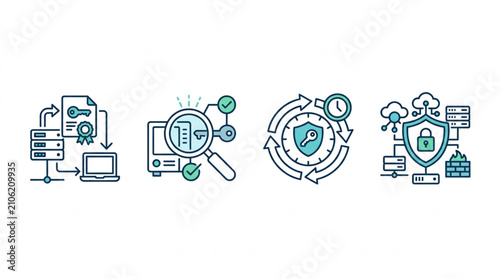 Cybersecurity concepts illustrated with icons and diagrams.
