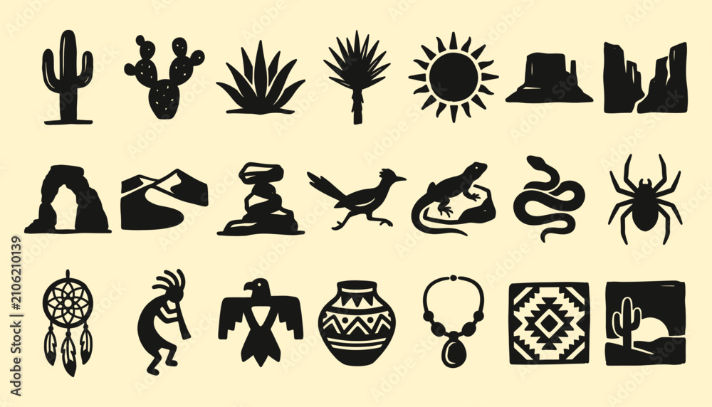 Obraz premium Southwestern desert silhouettes and nature icons for travel branding