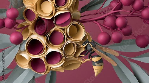 Artistic Paper Bouquet with Bee and Berries in a Creative Arrangement Illustration