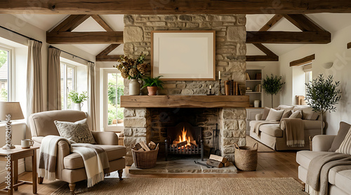 Cozy Living Room Retreat: A rustic stone fireplace with a roaring fire is the heart of this inviting living room, featuring comfortable sofas, armchairs, and natural wood beams.