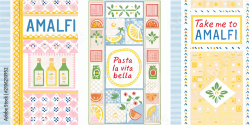 Bild auf Leinwand italian themed product labels vector illustration amalfi pasta lemons wine bottl