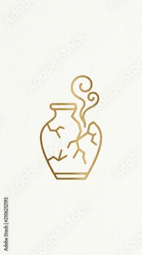 Gold line art icon depicting broken vessel with rising smoke