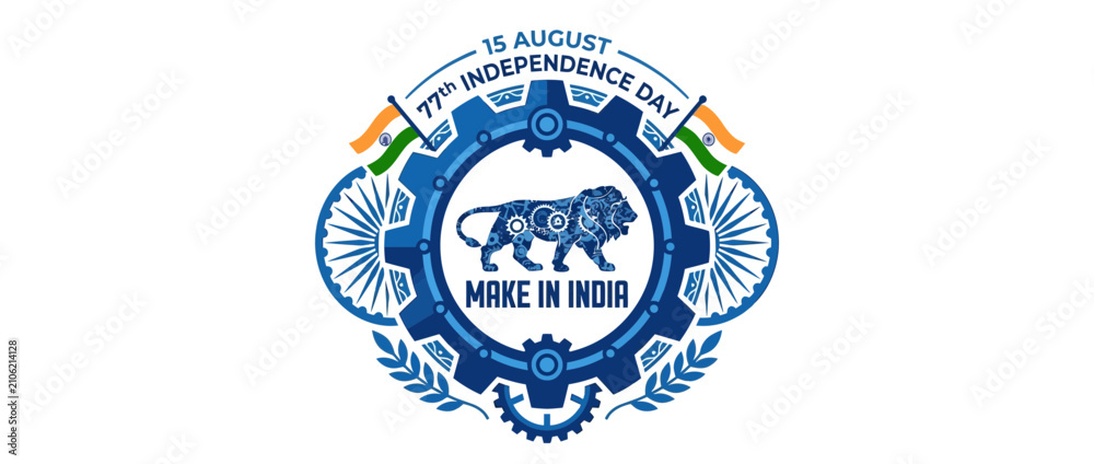Fototapeta premium National Emblem Lion with Gears and Flags Celebrate Independence