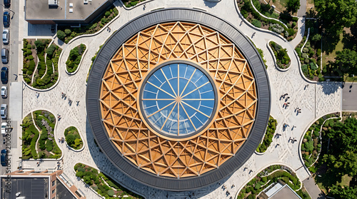 Modern Round Building Architecture: An aerial view showcases the unique circular design of a modern building, featuring a striking geometric wooden roof and a central glass dome.