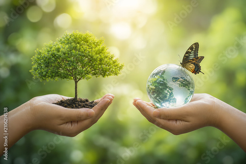 Cupped hands holding a tree and a glass globe. Environmental protection and sustainability.