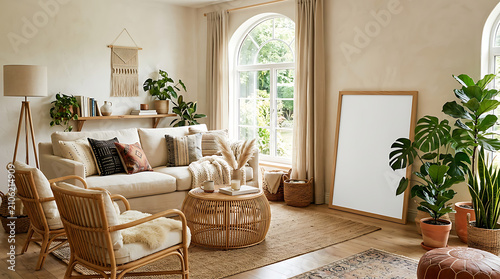 Boho Chic Living Room Oasis: A serene and stylish living room infused with bohemian charm, featuring natural materials, lush greenery, and a relaxed atmosphere.