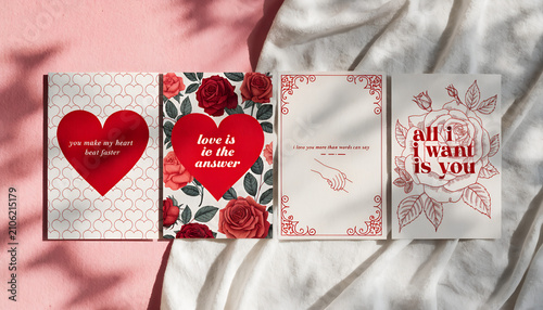 Vintage Valentine's Day greeting cards. Romantic floral heart stationery set for holidays.