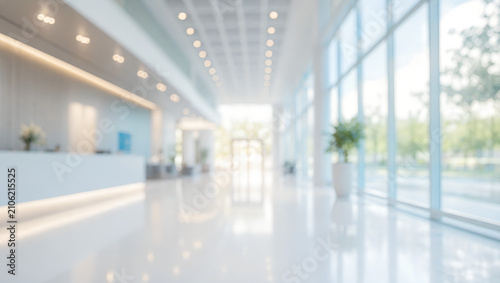 Modern office lobby interior. Blurred corporate reception area with bright glass windows.
