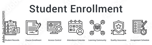 Foto Student enrollment banner web icon manages records and course registration with access control and attendance tracking