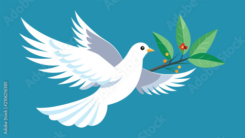 Konstfotografi White dove with olive branch in flight against a teal background symbolizing pea